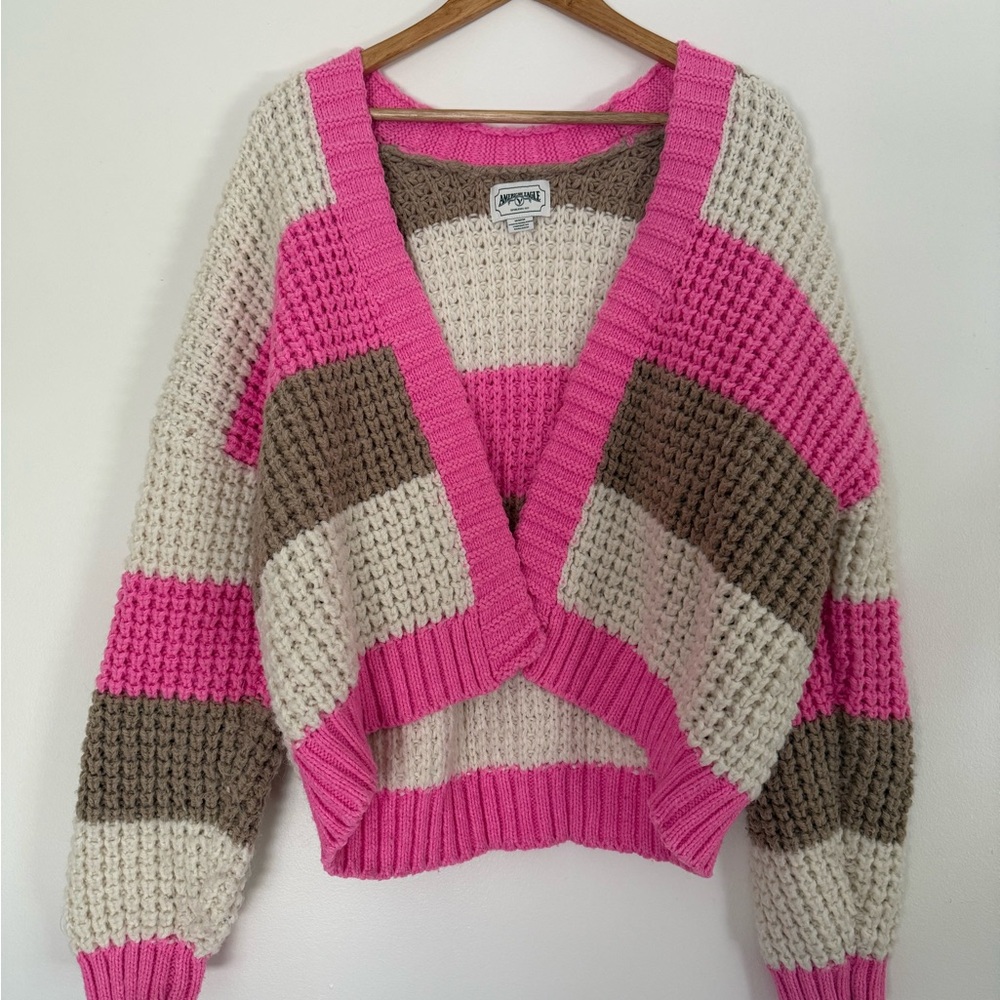 American Eagle Outfitters Pink and Brown Striped Cardigan